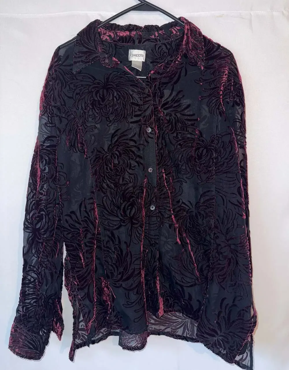Chico's Black and Burgundy Floral Burnout Velvet Button-Down Shirt WhimsyGoth - Picture 2 of 12